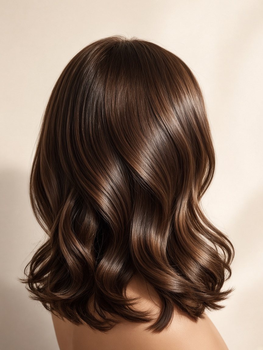 Glossy brunette waves after a blowout