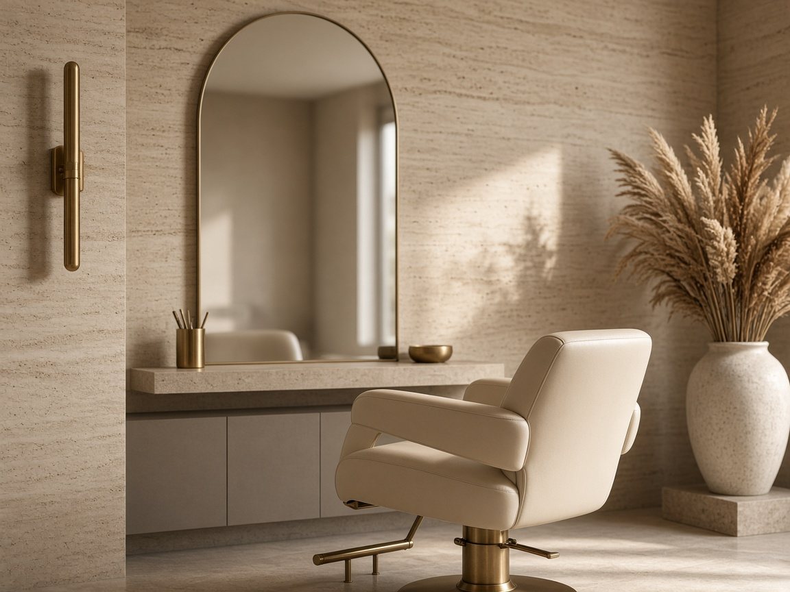 Travertine salon interior with an arched mirror and a cream styling chair
